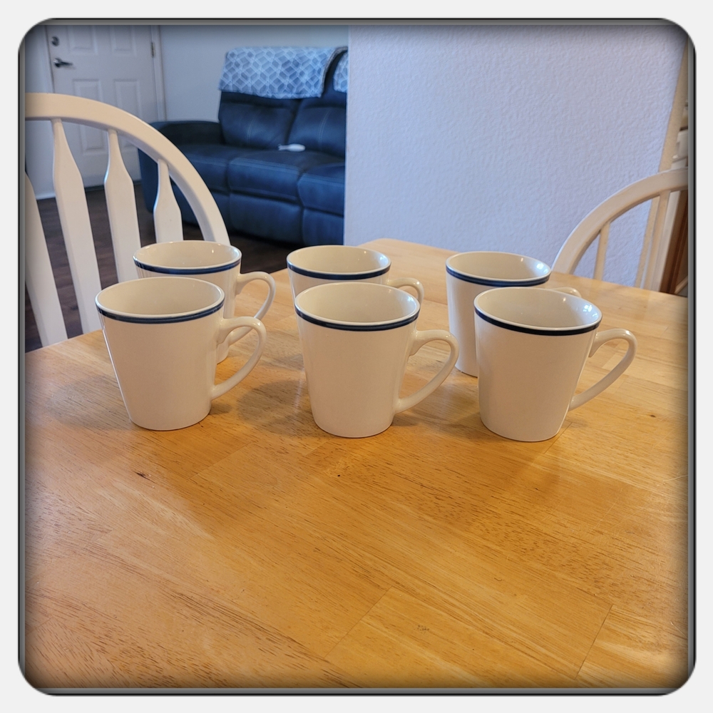 EUC Elegant White Mugs with Navy Rim - Set of 6